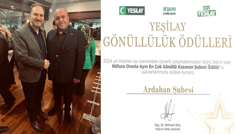 Yeşilay Ardahan Şubesine, en çok gönüllü kazanan şube ödülü